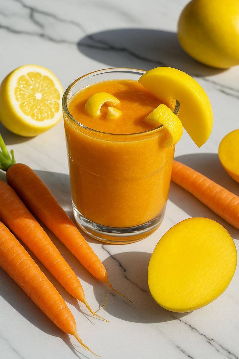 Para aportar brillo a la piel y fortalecer el sistema inmune este jugo de zanahoria y mango será tu mejor aliado. Ingredientes: 2 zanahorias,½ mango y 1 vaso de agua o leche vegetal.