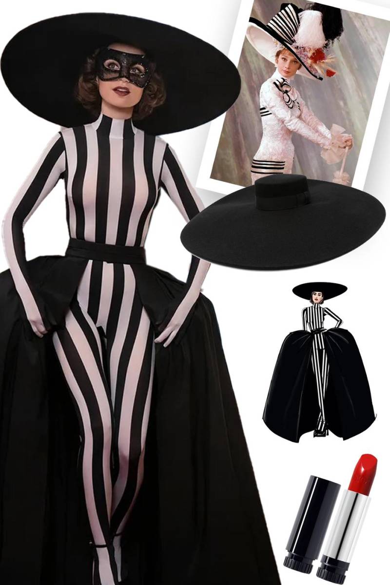 Y a todos nos dejo sin respiración con este look dramático de Emily cortesía de Nina Ricci, y aunque el mono es personalizado, basado en una pieza de la colección de otoño de 2023 de la diseñadora. Un look en homenaje al vestido de rayas que Audrey Hepburn llevó en el legendario baile de máscaras <i>Blanco y Negro</i> celebrado por Truman Capote en 1966. 