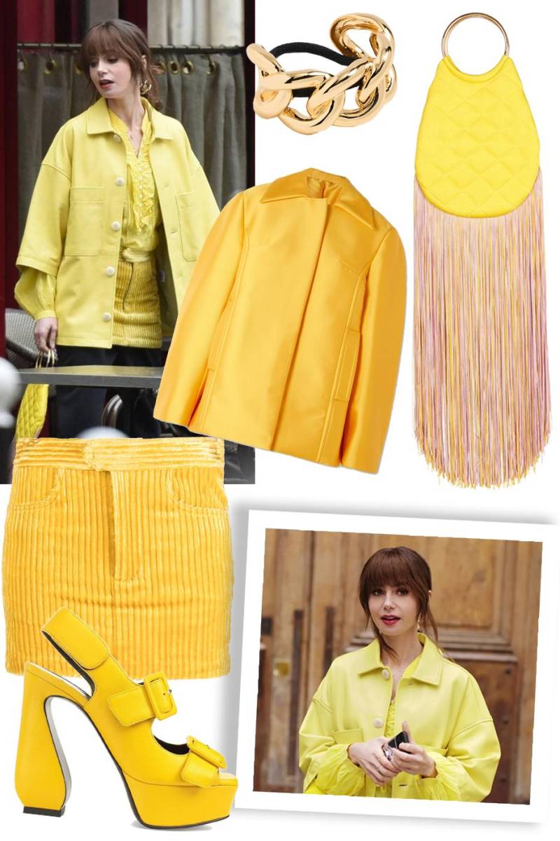 “La que de amarillo se viste, en su belleza confía” y este dicho le queda como anillo al dedo a Emily, quien lucio completamente amarilla, remata una blusa transparente con volantes de Marlene Birger y una minifalda de pana de Isabel Marant con una chaqueta amarilla encerada de Possery. Y claro un bolso con flecos de Silvia Tcherassi, calcetines Marni a cuadros amarillos, tacones de plataforma Sergio Rossi y un brazalete de pony Lelet NY en el cabello.