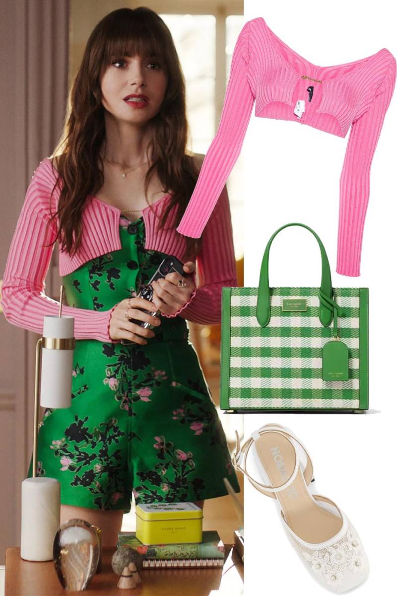 Y si hay alguien que sabe mezclar colores esa es Emily, quien en esta cuarta temporada nos enamora con sus outifs como este un corpiño floral verde Kelly de Philosophy Di Lorenzo Serafini y pantalones cortos combinados con un bolso de tela Kate Spade de cuadros verdes a juego y un cárdigan Jacquemus en la parte superior