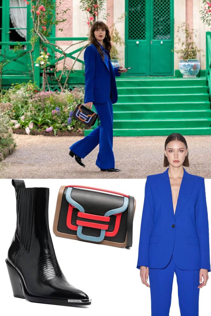 Bella de pies a cabeza, así luce Emeily con un impecable traje Barbara Bui azul cobalto y la blusa de satén de Emily, las botas Rabanne con punta y el bolso Pierre Hardy.
