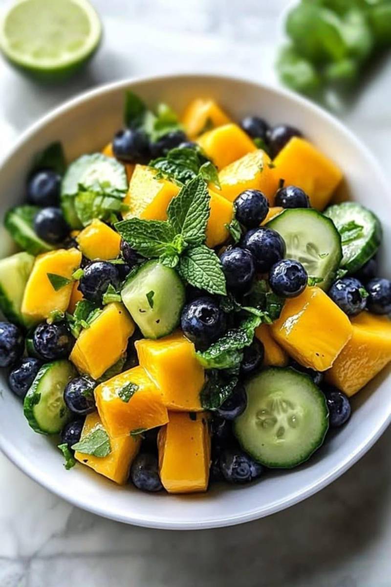 Esta vibrante mezcla de mango, pepino, arándanos y aguacate rebosa sabores dulces, ácidos y cremosos. Crujiente, jugosa y refrescante, es la opción ideal para revitalizarte en un día caluroso. Rápida, saludable y económica perfecta para un almuerzo ligero o una guarnición llena de color