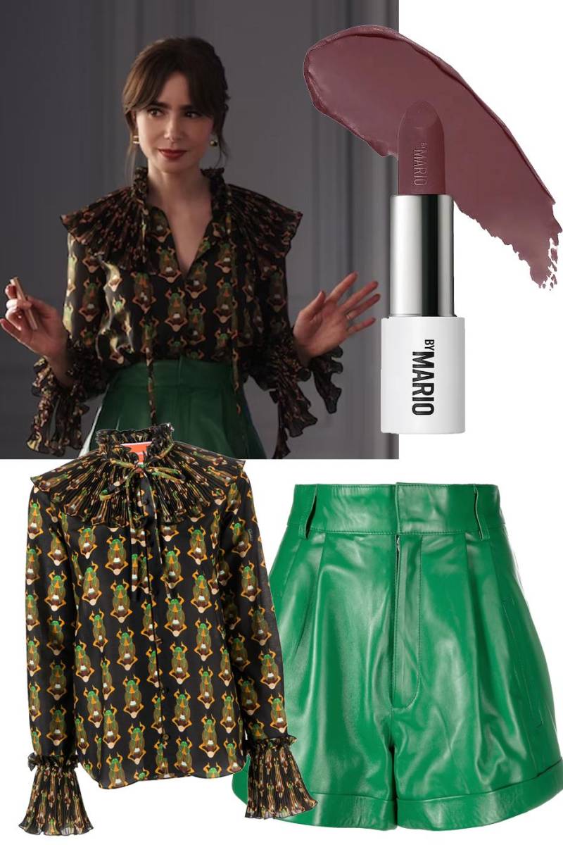 Emily apuesta por un look de los años 70 con una blusa con estampado de escarabajos de La Double J y un short verde botella de cuero 