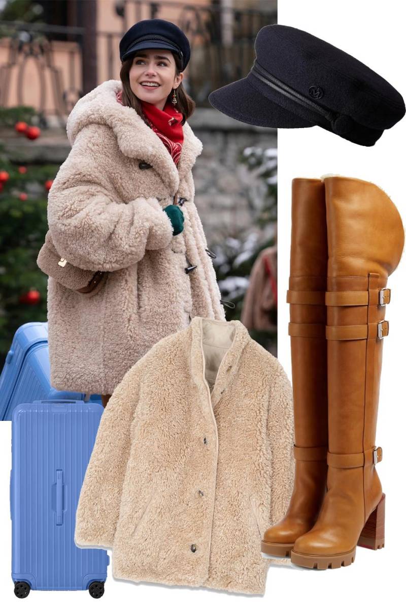  Emily opta por un abrigo de piel de oveja sintética de Isabel Marant Étoile con cierres de palanca, botas por encima de la rodilla Christian Louboutin de cuero marrón, un bolso Soeur y un sombrero estilo marinero. . Detrás de ella arrastra un bolso Rimowa azul aciano.