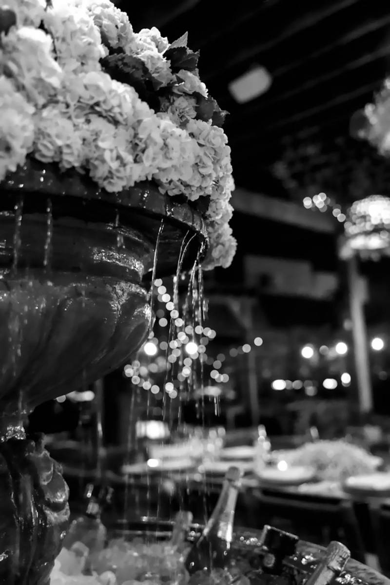 El tema decorativo era clásico y elegante en espacio abierto al natural con arreglos de hortensias blancas y cristales. 