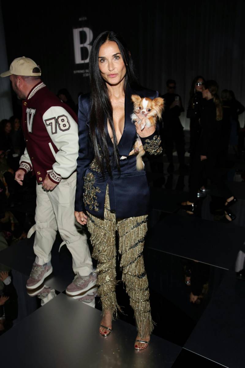 La actriz de 61 años asistió con Pilaf (enfundado en un Le Bambino Bag de Jacquemus) a la pasarela de Versace en Milan Fashion Week en un navy blazer y pantalones con flecos dorados y heels metálicas.