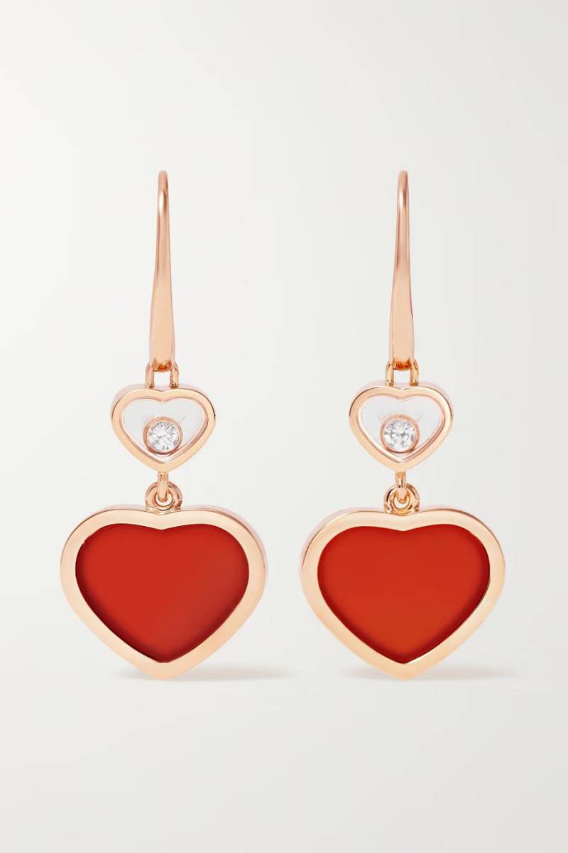 Pendientes Happy Hearts de oro rosa de 18 quilates, diamantes y cornalina