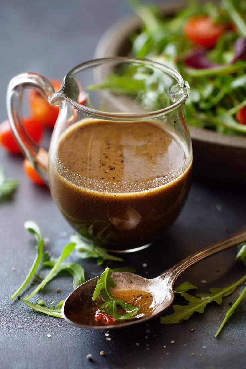 Aderezo balsámico. Ingredientes: 3 cucharadas de aceite de oliva, 1 cucharada de vinagre balsámico, ½ cucharadita de miel, sal y pimienta. Muy rico para ensaladas con tomate, queso o frutas.