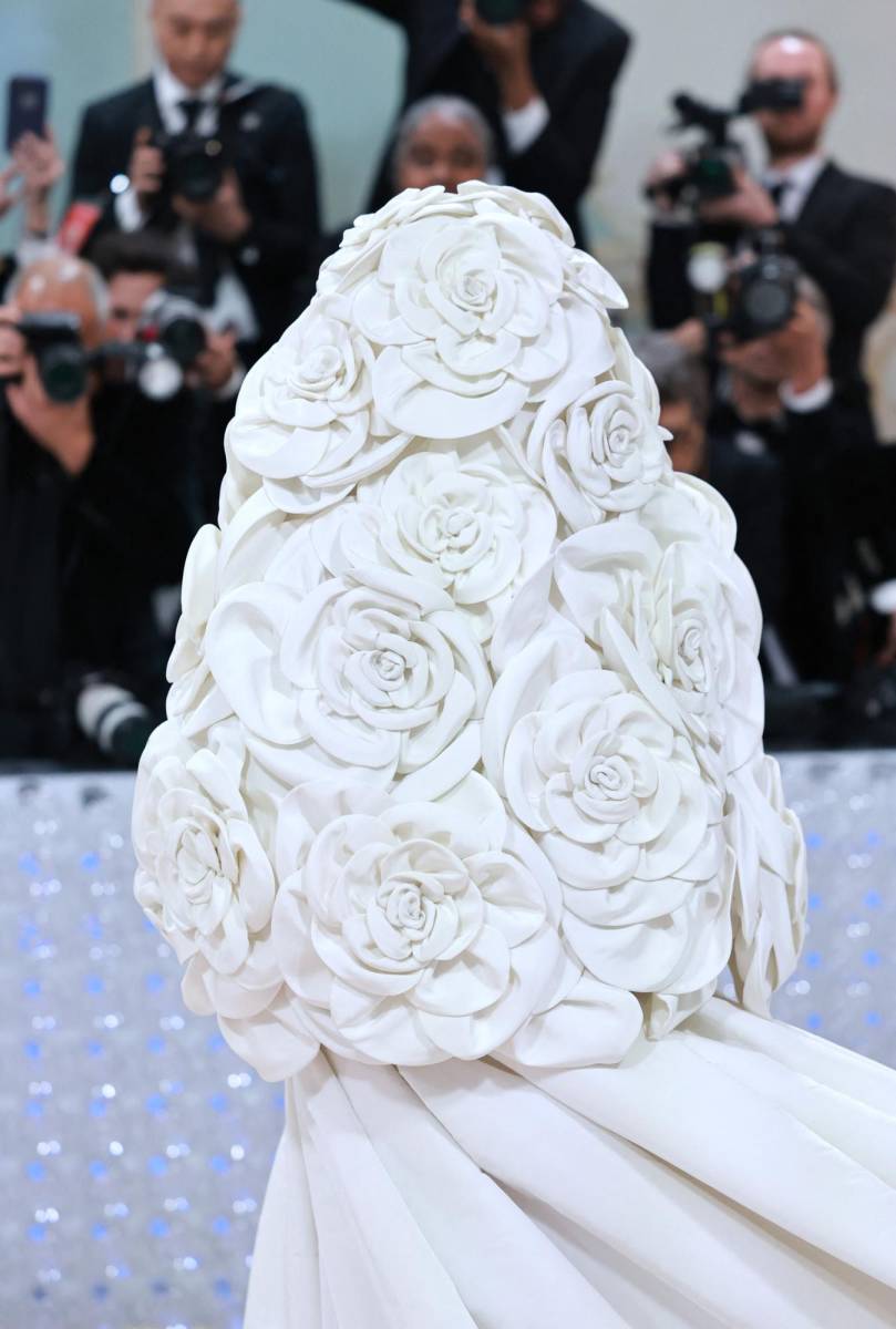 Rihanna desfiló por la alfombra con un vestido hecho a la medida por Valentino que incluía una imponente capa cubierta de 30 apliques de camelia gigantes hechos de 500 pétalos 