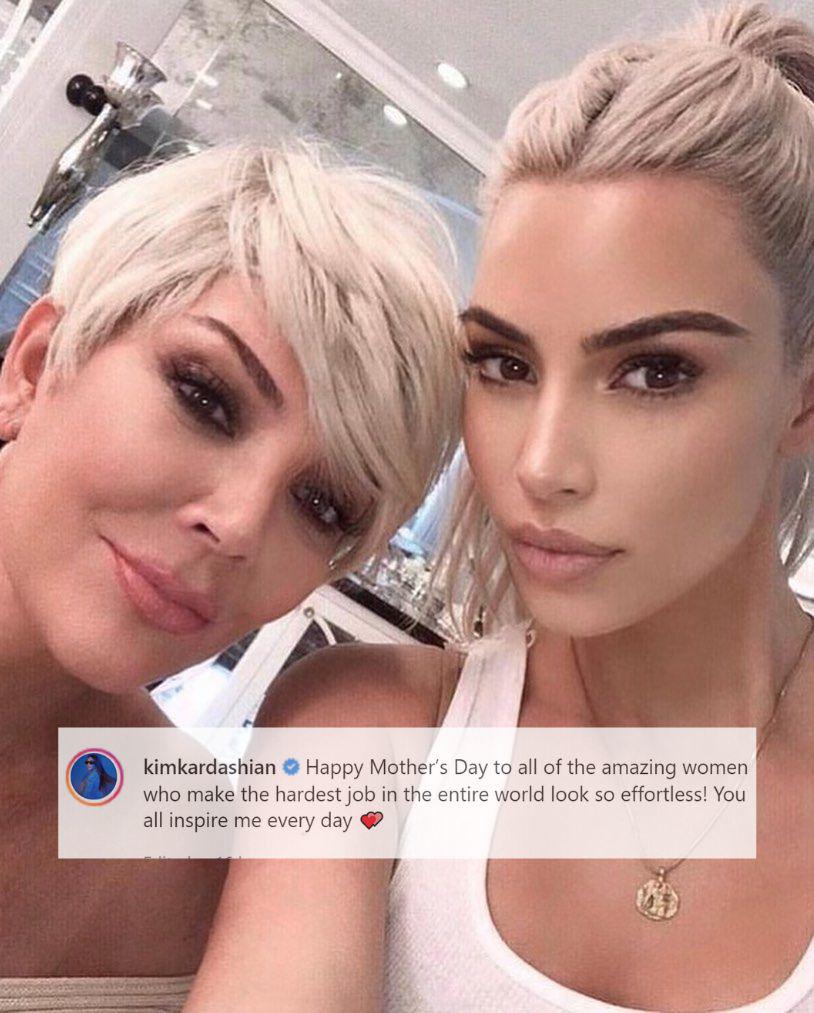 Kim Kardashian reposteó el mensaje de su madre agregando fotos de sus hermanas, que también son madres. “¡Feliz Día de la Madre a todas las mujeres increíbles que hacen que el trabajo más difícil del mundo se vea tan fácil! Todos ustedes me inspiran todos los días”. 