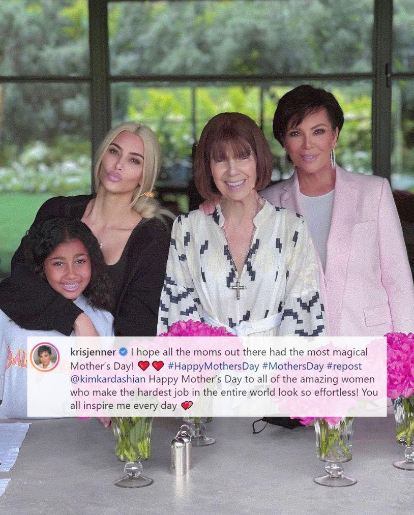 Kris Jenner envió un mensaje para las madres del mundo a través de su cuenta en instagram: “¡Espero que todas las mamás hayan tenido el Día de la Madre más mágico! ¡Feliz Día de la Madre a todas las mujeres increíbles que hacen que el trabajo más difícil del mundo sea tan fácil! Todos ustedes me inspiran todos los días”. 