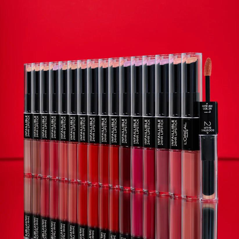 El L’Oréal Paris Infallible 24HR 2-Step Lipstick es un labial de larga duración diseñado para ofrecer hasta 24 horas de color intenso y resistencia a la transferencia. Su sistema de dos pasos combina una base de color líquido altamente pigmentada con un bálsamo acondicionador hidratante