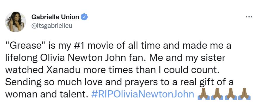 Gabriella Union: “’Grease’ es mi película favorita de todos los tiempos y me hizo fan de Olivia Newton-John de por vida. Mi hermana y yo vimos Xanadu más veces de las que podría contar. Enviando tanto amor y oraciones a un verdadero regalo de mujer y talento. #RIPOliviaNewtonJohn”.