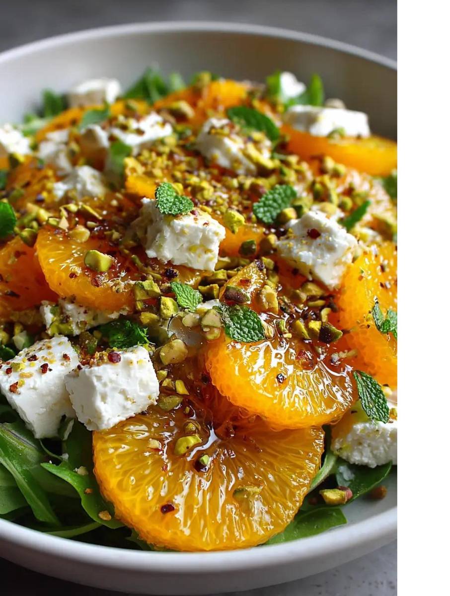 Naranjas brillantes y jugosas se combinan con cremoso queso feta, pistachos crujientes y menta fresca para una explosión de sabor que te hará sentir como si estuvieras disfrutando de un momento de pura felicidad. Ensalada mixta (rúcula, espinacas o mezcla de hojas verdes) 4 tazas Lavada y seca. Mezcla los gajos de naranjas, queso feta , pistachos y complementa con hojas de menta fresca y dos cucharadas de aceite de oliva 
