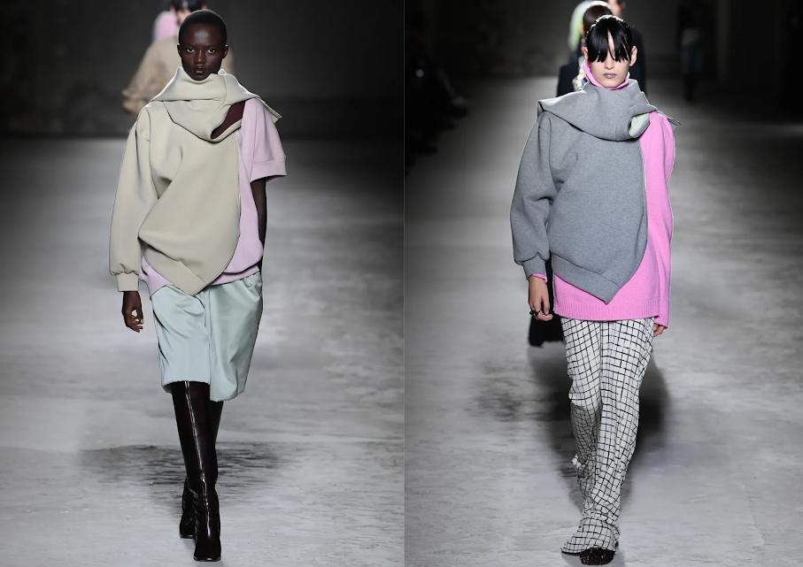 Entre lo más destacado, sudaderas con cuello redondo, sujeta con alfileres en la espalda sobre sudaderas rosa, combinados con pantalones holgados largos así como cortos de satén.