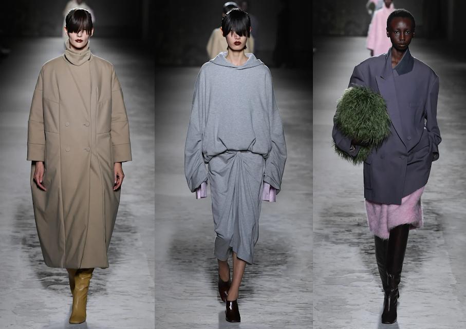 Ropa oversized, fue un distintivo principal de la pasarela, con suéteres, abrigos, faldas y vestidos de gran tamaño.
