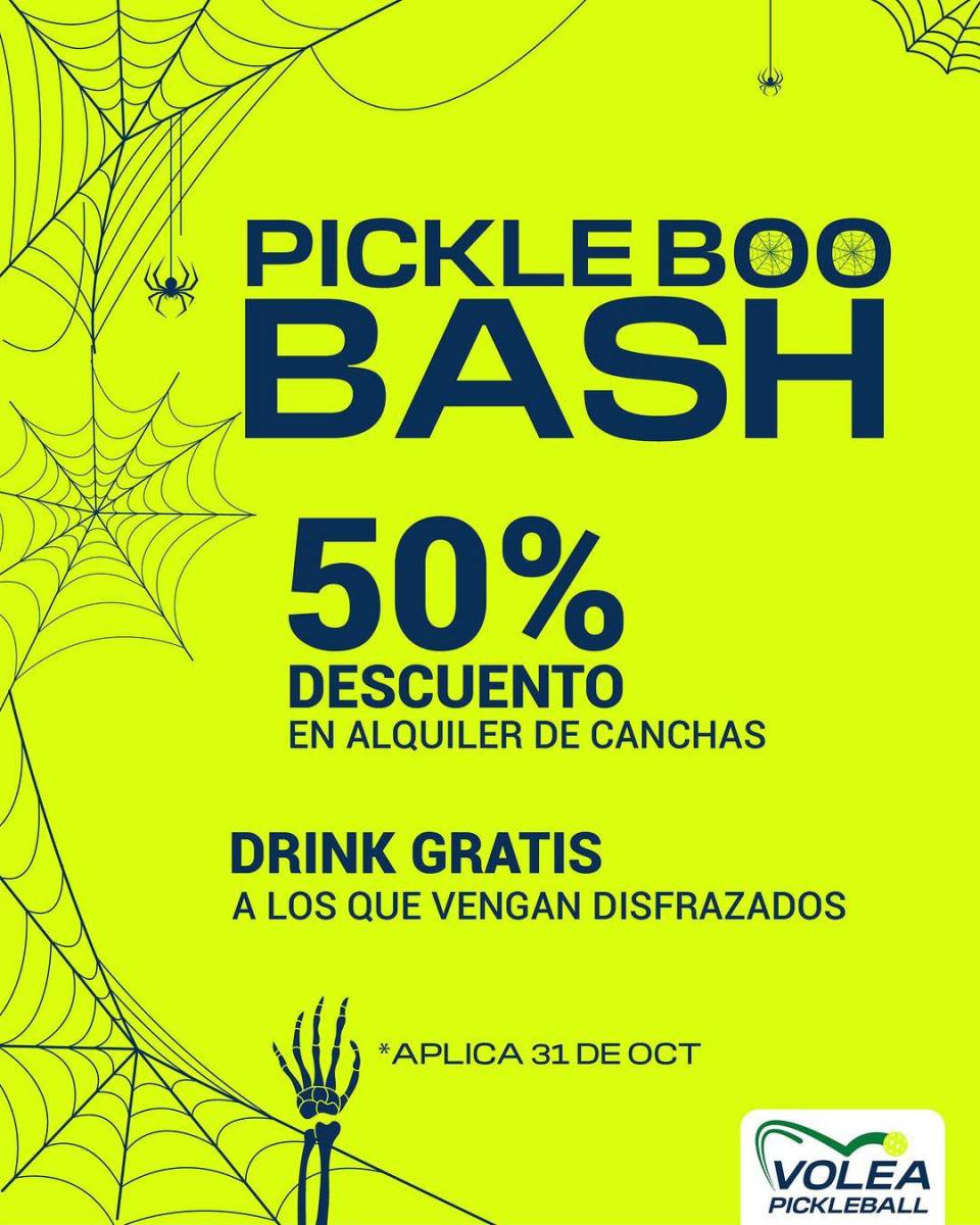 Disfruta del Pickle Boo Bash en Volea Pickleball. La cancha tendrá 50% de descuento en alquileres y drinks gratis para quienes lleguen disfrazados.
