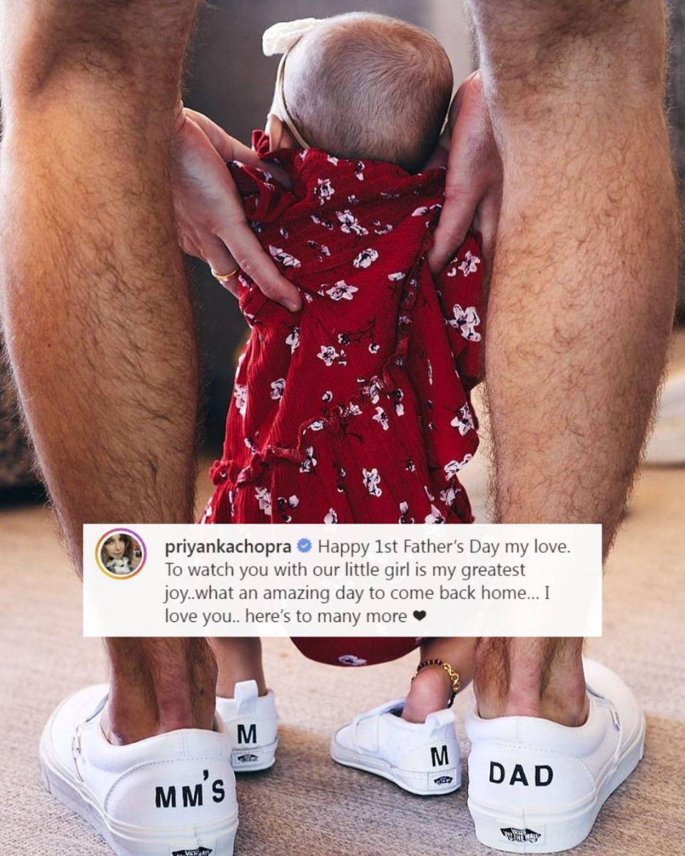 Priyanka Chopra le dedicó un tierno mensaje a Nick Jonas en esta ocasión: “Feliz primer Día del Padre, mi amor. Verte con nuestra pequeña niña es mi alegría más grande. Qué buen día para regresar a casa. Te amo... qué hayan muchos más”.