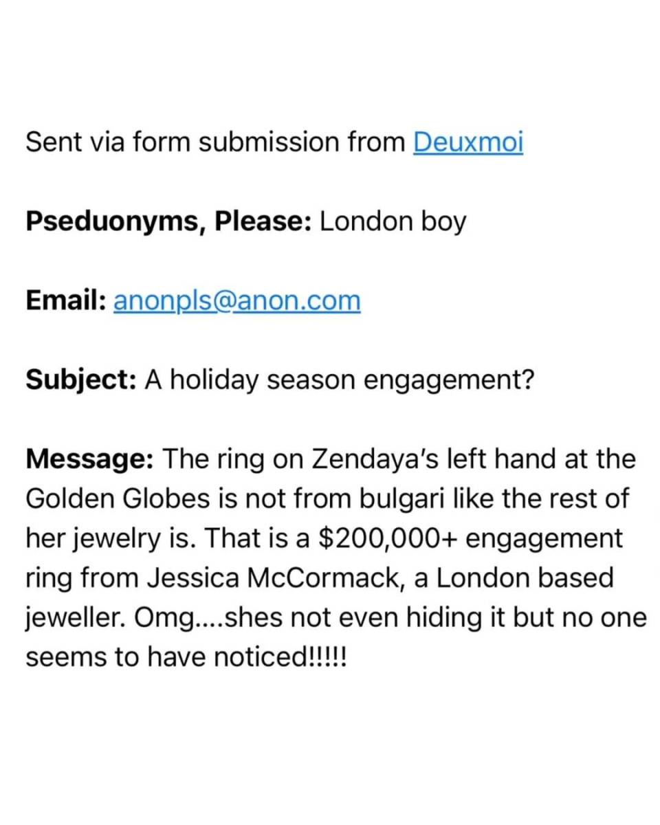 Un correo enviado a la cuenta de Deux Moi afirmaba que Tom Holland le propuso matrimonio a Zendaya durante la temporada navideña del 2024. Este rumor puso aún más atención en la pareja, especialmente porque el correo describe detalles específicos del supuesto compromiso.