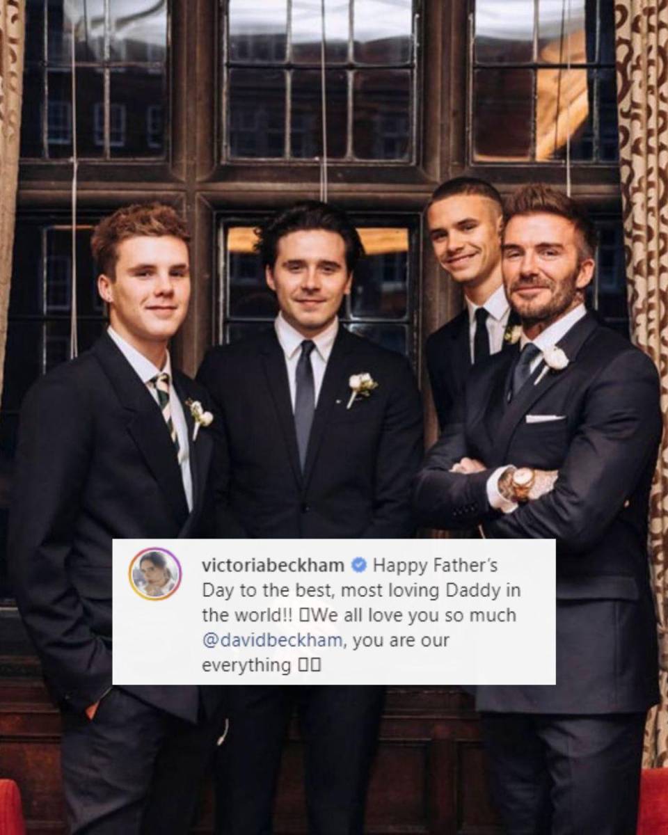 Victoria Beckham mandó un lindo mensaje a su esposo: “¡Feliz Día del Padre al papá más amoroso del mundo! Te amamos, @davidbeckham, eres nuestro todo”. 