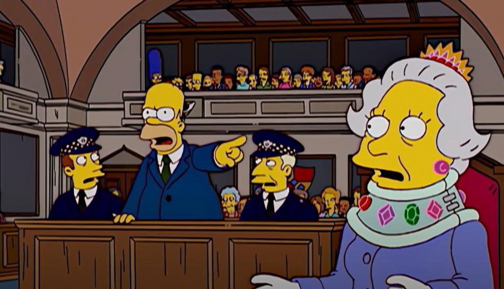 Los SimpsonEn el episodio se proyecta un choque entre el coche de Homero Simpson y el carruaje de la reina Isabel II, así como el juicio luego del accidente, donde dejan ver a la monarca con un collarín de diamantes. 